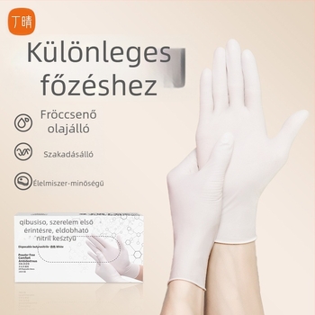 Nitril kesztyűk, egyszer használatosak, élelmiszer-minőségűek, konyhai és élelmiszer-előkészítő feladatokra, csúszásmentesek és olajálló.