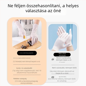 Nitril kesztyűk, egyszer használatosak, élelmiszer-minőségűek, konyhai és élelmiszer-előkészítő feladatokra, csúszásmentesek és olajálló.