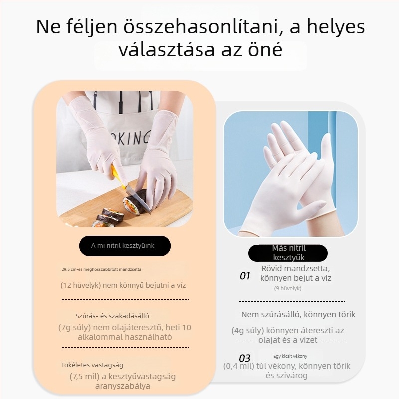 Nitril kesztyűk, egyszer használatosak, élelmiszer-minőségűek, konyhai és élelmiszer-előkészítő feladatokra, csúszásmentesek és olajálló.