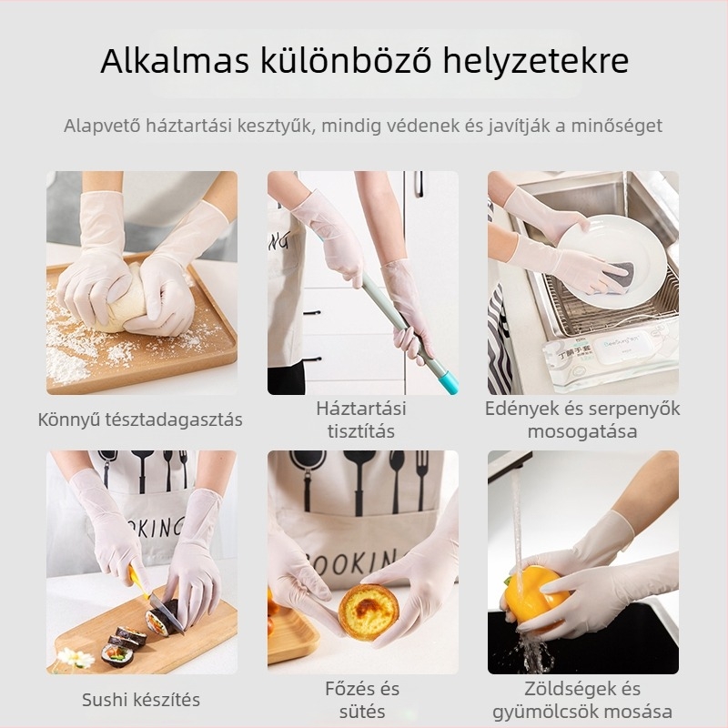 Nitril kesztyűk, egyszer használatosak, élelmiszer-minőségűek, konyhai és élelmiszer-előkészítő feladatokra, csúszásmentesek és olajálló.