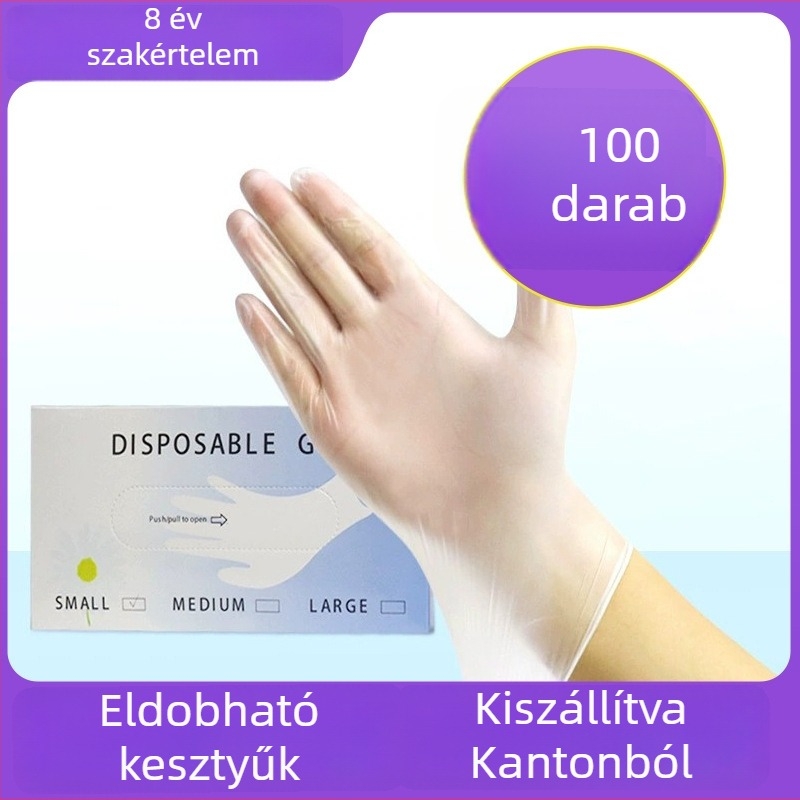 Vastagított egyszer használatos PVC/Nitril védő kesztyűk háztartási és catering célokra, magas rugalmasságú, átlátszó latex hatású, 100 darab
