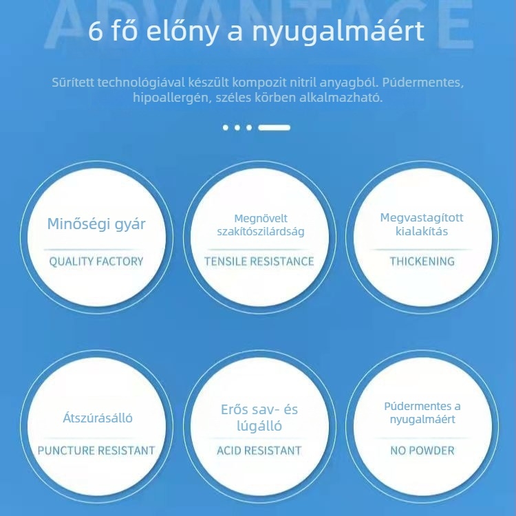 Egyszer használatos nitril kesztyű, olaj- és vegyi anyagokkal szemben ellenálló, vastagított, fogászati tisztításhoz és kozmetikai tetováláshoz, háztartási használatra.
