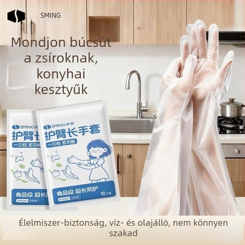 Átlátszó hosszú háztartási kesztyűk, meghosszabbított és vastagított kivitelben, csúszásmentes és tartós, mandzsettával ellátott húzózsinórral, mosáshoz és mosogatáshoz a konyhában