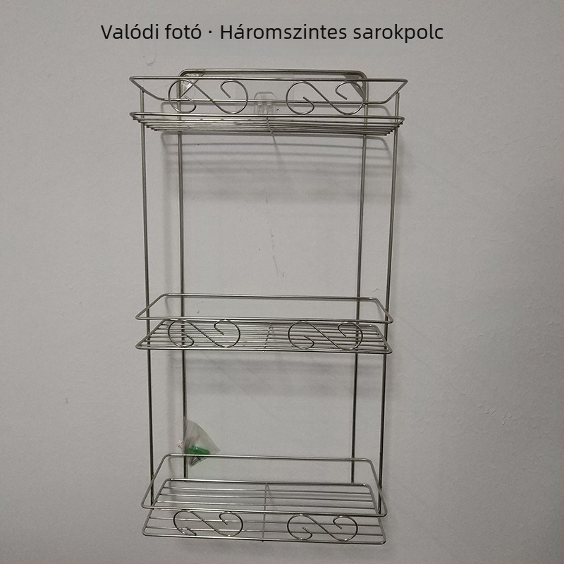 Rozsdamentes acél sarokpolc, két‑szintes falra szerelhető tároló konyhához és fürdőszobához