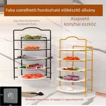 Padlón álló konyhai tányértartó és hozzávalótároló polc, több szintes, zöldségek és előkészítő hozzávalók tárolására