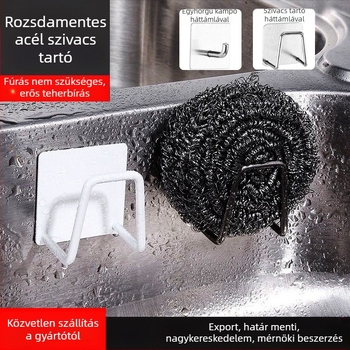 Rozsdamentes acél konyhai tároló akasztókkal, fúrás nélkül, szivacs tartó, leeresztő polc, ragasztóhorog, mosogató szervező