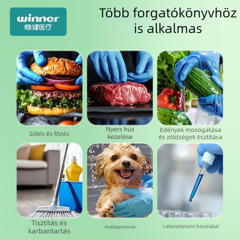 Egyszer használatos nitrilkesztyűk élelmiszer- és catering felhasználásra, otthoni tisztításra, mindennapi védelem, kézre illeszkedő.