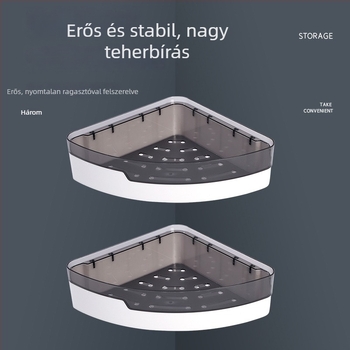 Fúrás nélküli falra szerelhető tároló fürdőszobába és konyhába, háromszög alakú műanyag