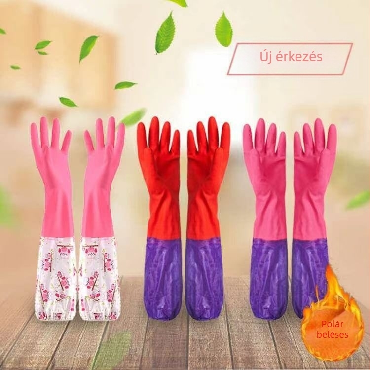 Lila latex kesztyű fleece-béléssel, meleg, hosszú mandzsettával, mosogatáshoz és mosáshoz