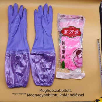 Flízzel bélelt vastag latex háztartási kesztyűk hosszú mandzsettával, melegséget nyújtva, vízálló edénymosáshoz, mosáshoz és takarításhoz