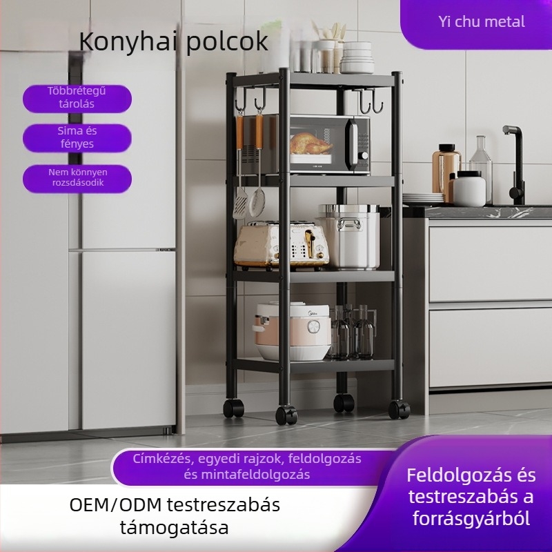 Padlón álló fém konyhai tárolóállvány, többrétegű, mobil, edények, gyümölcs és zöldségek tárolására