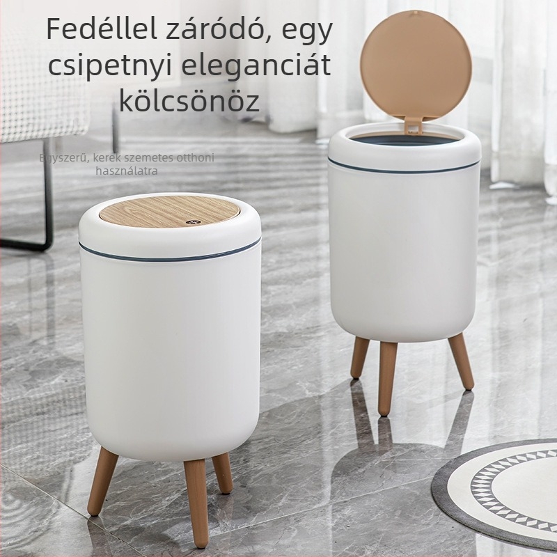 Otthoni luxus szemetes nyomófedéllel, magas lábakkal, fa mintázatú imitációval, nappali és fürdőszoba számára