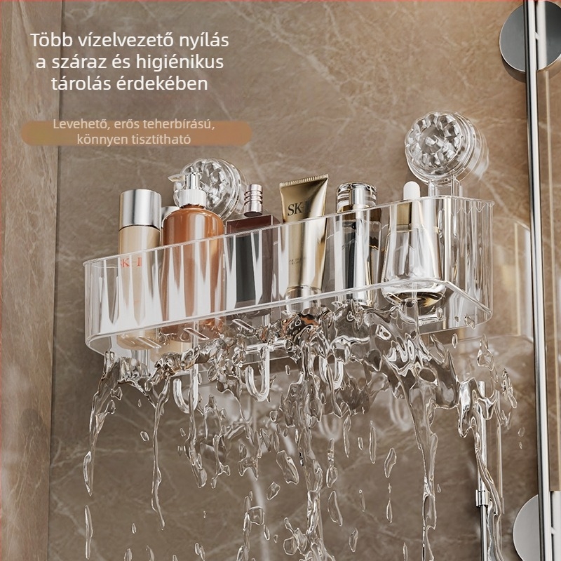 Fali szívókorongos tárolópolc fürdőszobába, WC-hez és mosdóhoz, kampókkal