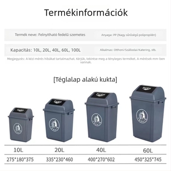 Műanyag négyzet alakú kuka felnyitható fedéllel, beltéri használatra, 12 liter