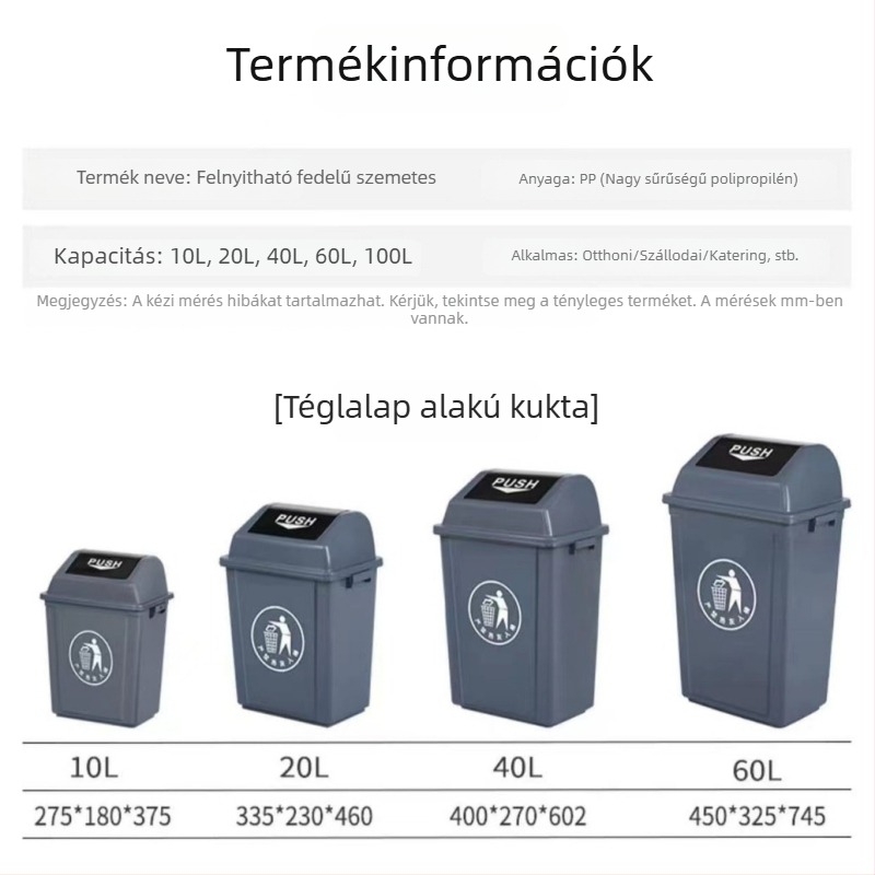 Műanyag négyzet alakú kuka felnyitható fedéllel, beltéri használatra, 12 liter