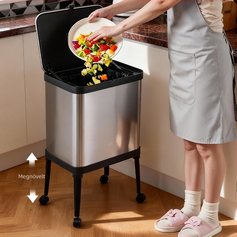 Rozsdamentes acélból készült magas lábú, kerekes háztartási kuka, elegáns, fényűző konyhai dizájn, nagy kapacitás