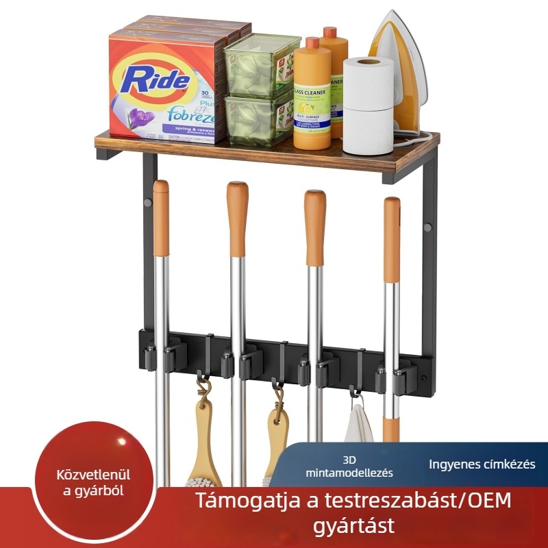 Fali tisztítóeszköz tárolója, kampókkal seprű és felmosó számára