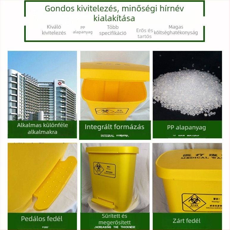 Pedálos orvosi hulladéktároló kuka, sárga-szürke, megerősített kivitel, kórházak és klinikák számára, 12 L kapacitás, fedéllel.