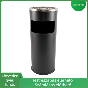 Fekete, kerek rozsdamentes acél szemetes, beépített hamutartóval, padlón álló kivitel, hotellobbyhoz és folyosókhoz.
