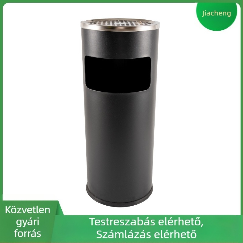 Fekete, kerek rozsdamentes acél szemetes, beépített hamutartóval, padlón álló kivitel, hotellobbyhoz és folyosókhoz.