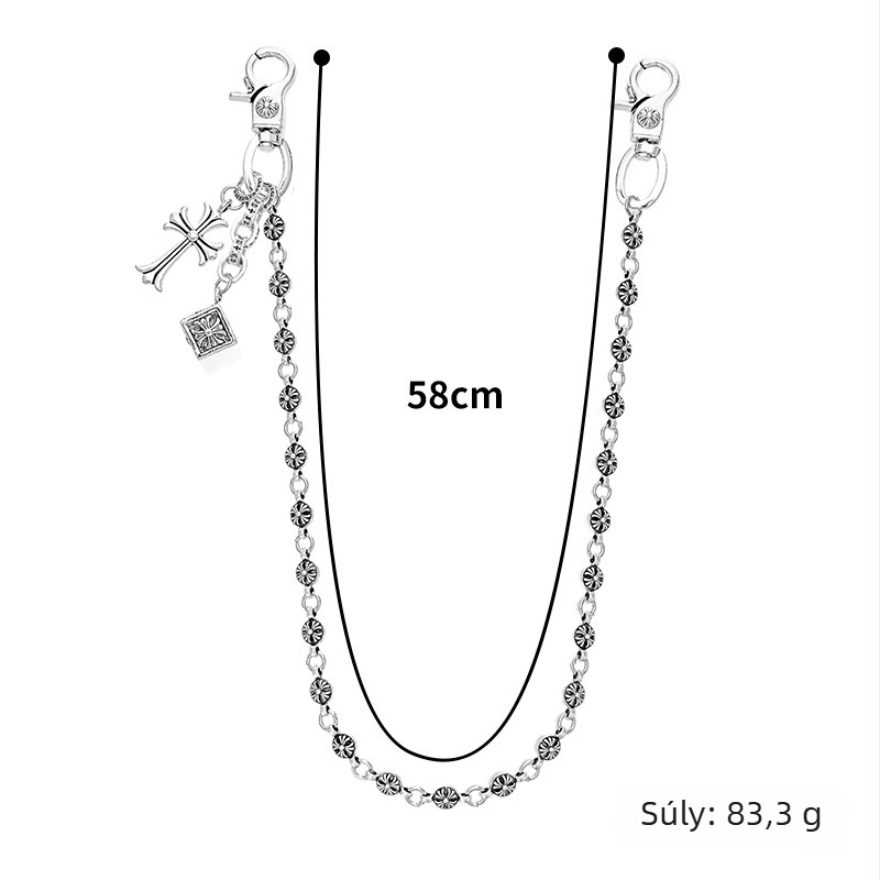 Retro fém deréklánc kereszt- és kardgyöngyökkel, lobster csattal, farmerhez, hossz 115–130 cm