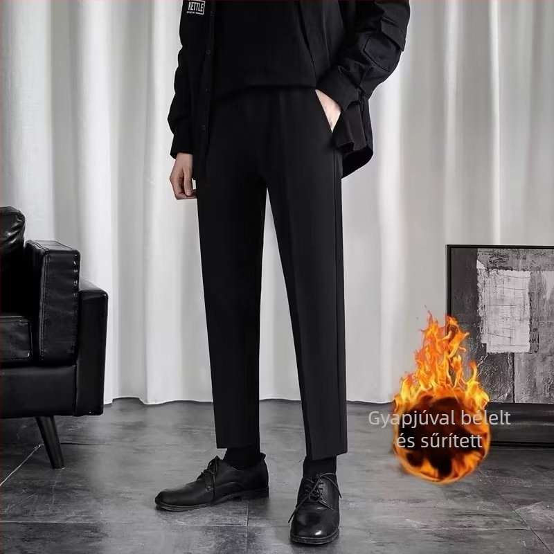 Férfi öltönynadrág fleece-beléssel, karcsú egyenes szabás, 9/10 hossz, fél-elasztikus derék, téli viselet