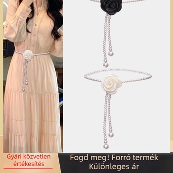 Gyöngyös derékszíj kamélia ruhához, Chanel-stílusú minimalist női kiegészítő