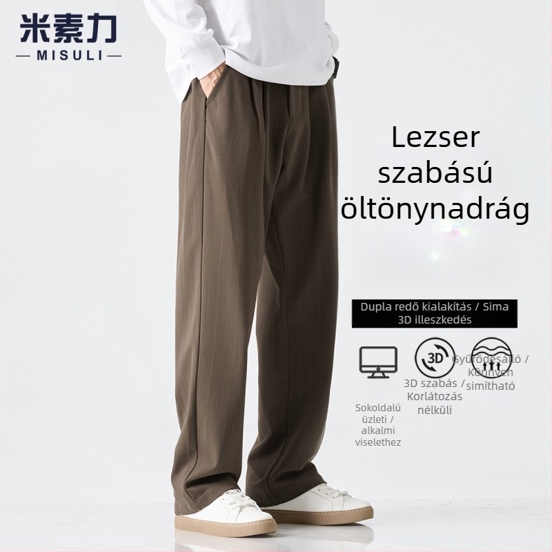 Barna csíkos férfi nadrág, egyenes szabás, őszi-téli szezonra, laza illeszkedés, plusz méret, mindennapi nadrág