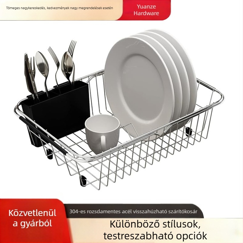 Kibővíthető rozsdamentes acélból készült mosogató melletti edény- és evőeszköztartó, lefolyó kosárral