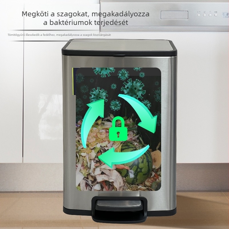 Ejie pedálos, 20 L-es rozsdamentes acél négyszögletes kuka, puha záródással, otthoni és konyhai használatra