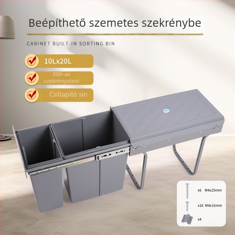 Konyhai szekrénybe épített kuka, 10L+20L, húzható, csillapítós fedéllel