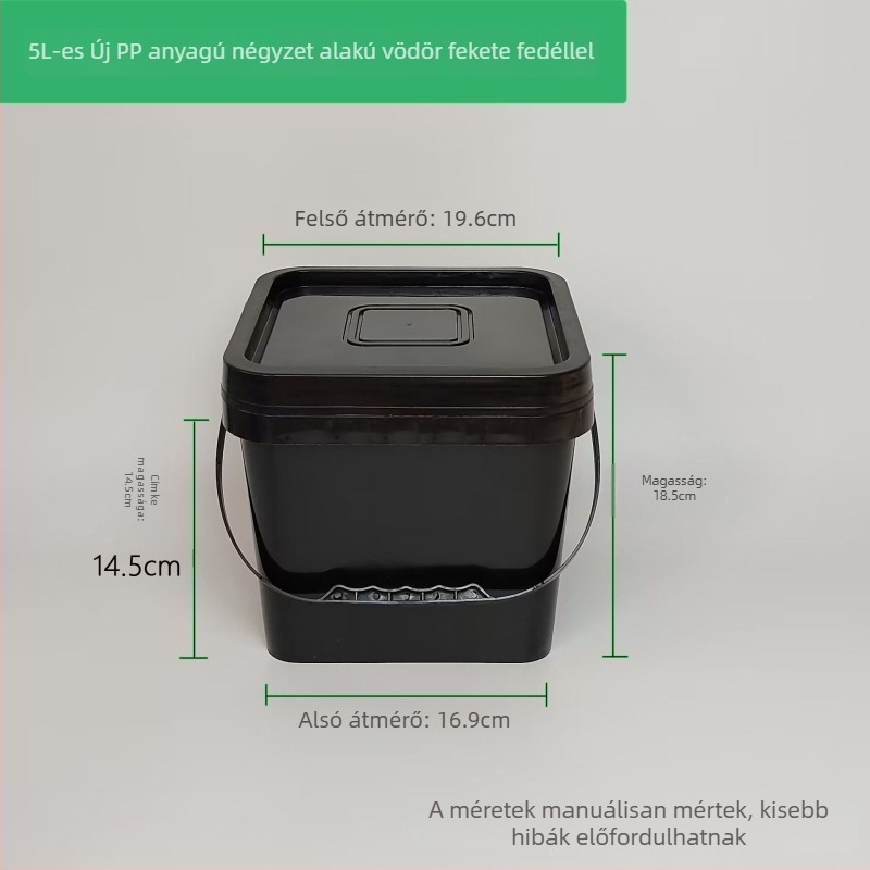 Négyzet alakú műanyag festékkanna, 5–20 L, vastagított új anyagból, fedéllel, latex festékhez