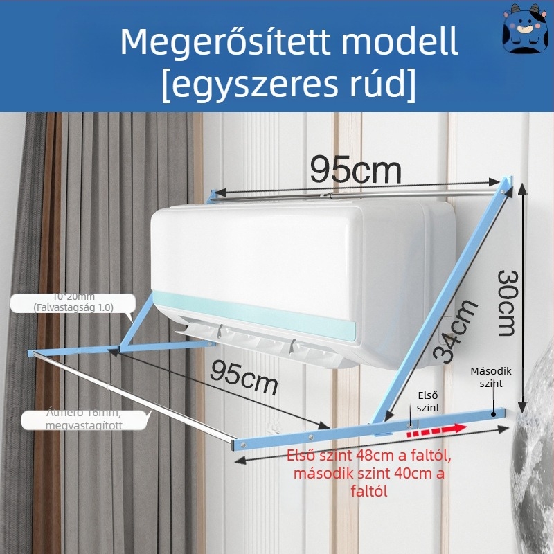 Klímaberendezés szellőzőjéhez ruhaszárító állvány, fúrás nélkül, egyetlen rúddal, összecsukható