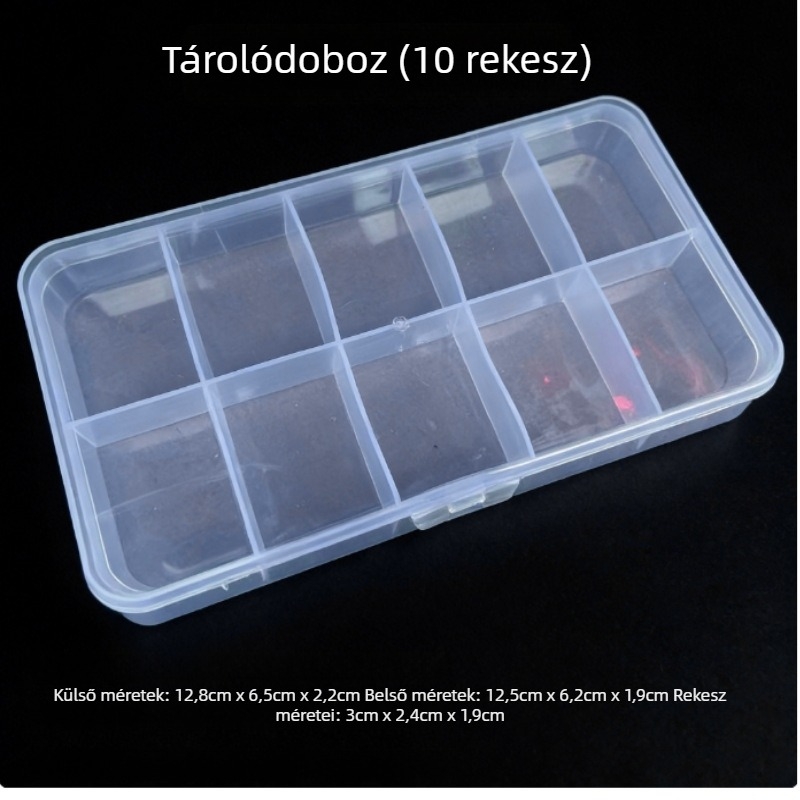10 rekeszes, átlátszó műanyag ékszerorganizer fedéllel – kis fülbevaló-tároló doboz