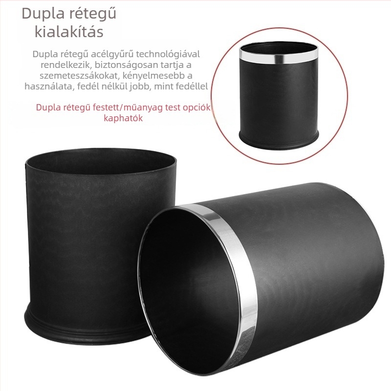 Fekete vasból készült fedél nélküli szemetes, hengeralakú, 10 L, szállodai szobák, fürdőszobák és konyhák számára