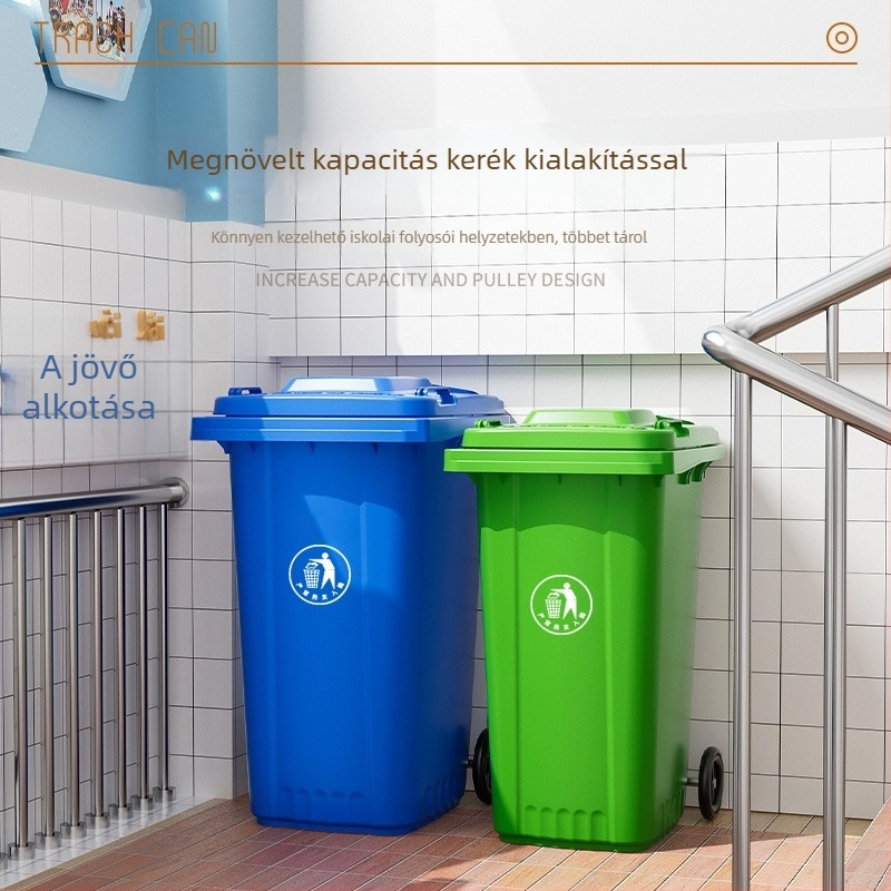 Személyre szabott kültéri hulladékgyűjtő kerékkel és fedővel, 240 L kapacitás, utcai használatra