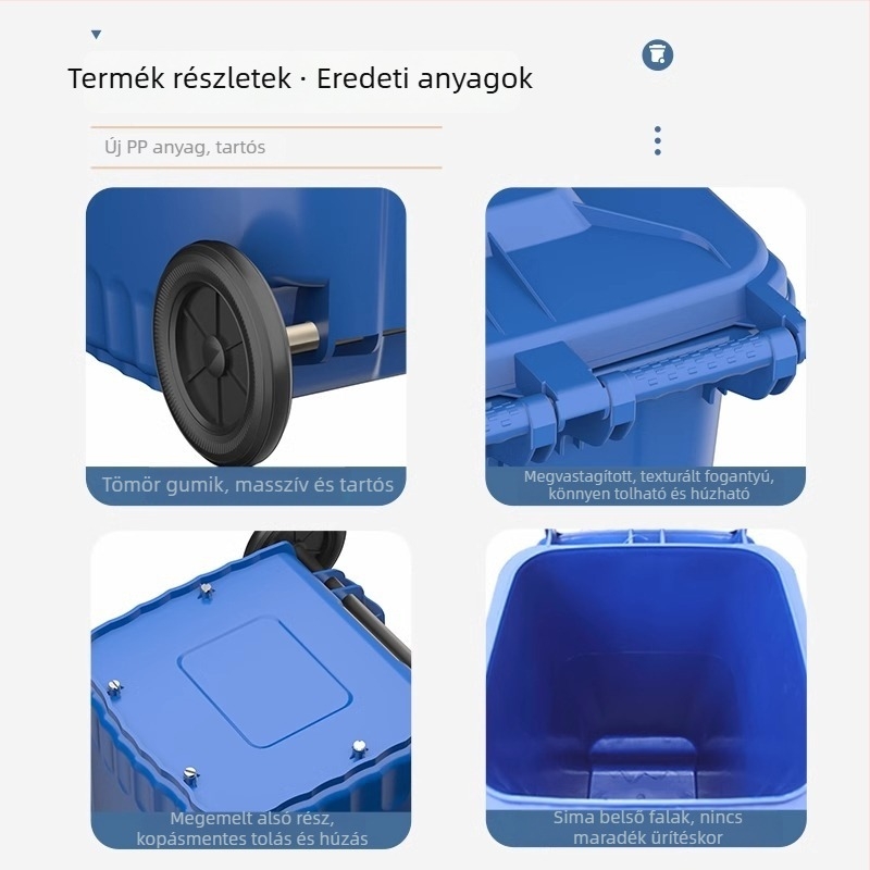 Személyre szabott kültéri hulladékgyűjtő kerékkel és fedővel, 240 L kapacitás, utcai használatra