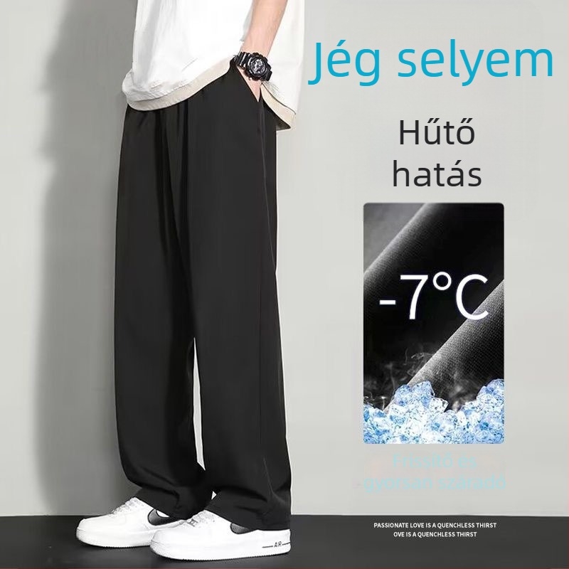 Férfi nyári ice silk nadrágok, könnyűek, lazák, széles szárú, egyenes szabású, hétköznapi