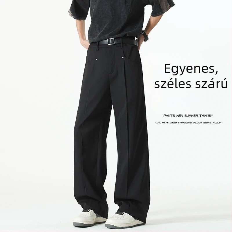 Fekete férfi nadrág, drapírozott, széles szárú, Knife-cut részlet, szegecsekkel, plisírozott egyenes szár, gyűrődésálló