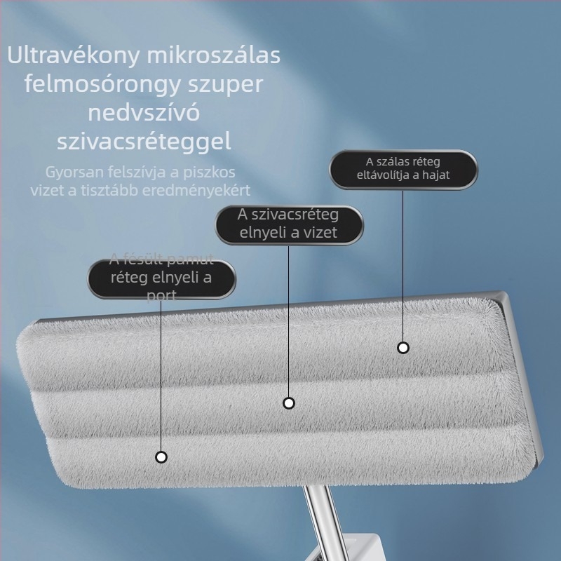 Háztartási lapos felmosó rozsdamentes acél nyéllel és mikroszálas fejjel, nedves és száraz tisztításra