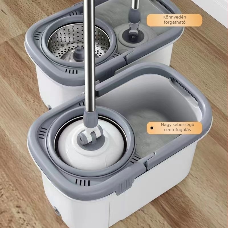 Otthoni 2-in-1 mop száraz és nedves tisztításhoz forgó fejjel, mikroszálas anyag, rozsdamentes acél nyél, görgős kifacsaró rendszer