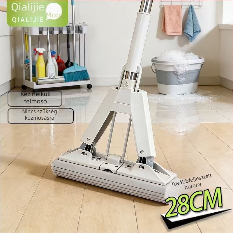 28 cm-es összecsukható PVA felmosó otthoni használatra, kéz nélküli kinyomás nélkül, teleszkópos nyél 100–120 cm, fej 28 cm, ultra vékony rostok, rozsdamentes acél rúddal