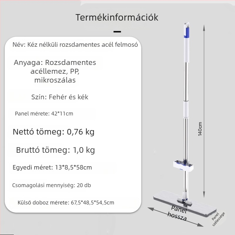 Rozsdamentes acélból készült lapos mop fej mikrooszálas fejjel, teleszkópos nyél 140 cm, kézi mosásra