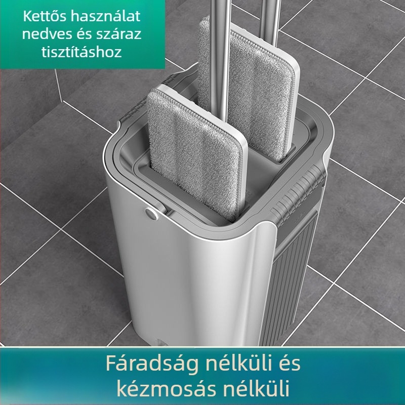 Vastagított, kézmosás nélküli mop háztartási használatra, kaparóval és vödörrel, sík felmosó eszköz a könnyű tisztításért
