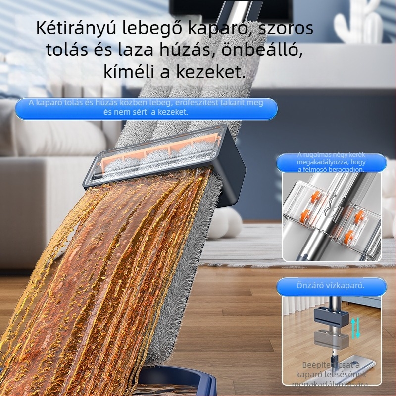Kéz érintése nélküli lapos mop nagy összecsukható fejjel, tisztító vödörrel és cserélhető kendővel