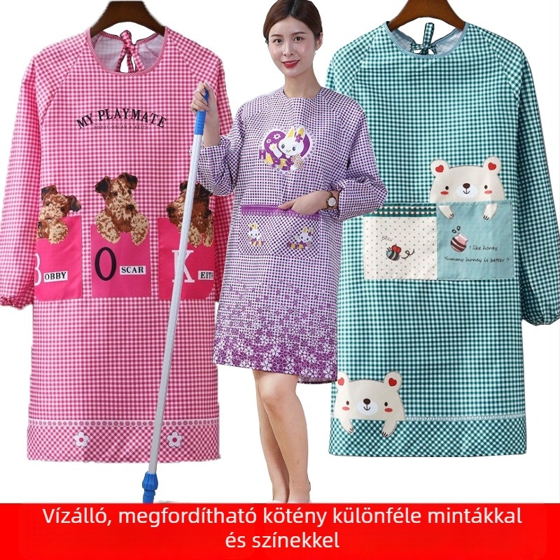 Koreai stílusú hosszú ujjú konyhai kötény cartoon mintával, olaj-, folt- és vízálló