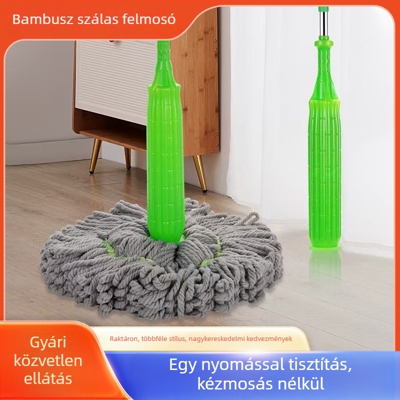 Forgó nyomóval ellátott bambuszrost mop, kéz nélküli nyomás, azonnali kinyomás, szennyeződések eltávolítása, függőleges tárolás, egy lépéses tisztítás