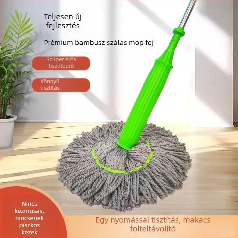Forgó nyomóval ellátott bambuszrost mop, kéz nélküli nyomás, azonnali kinyomás, szennyeződések eltávolítása, függőleges tárolás, egy lépéses tisztítás