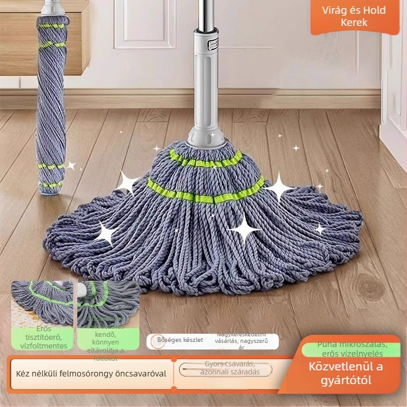 Hordozható öncsavaró mop a fürdőszobába, mikroszálas fej, rozsdamentes acél nyél, nedvszívó, 100–120 cm