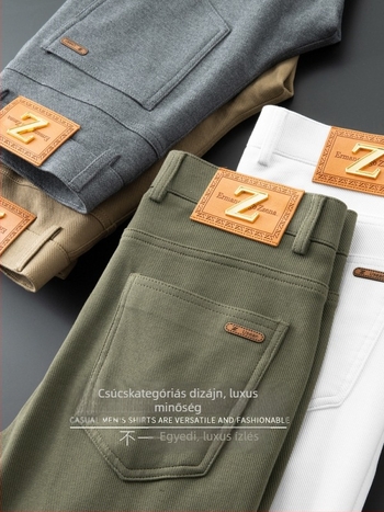Zöld téli férfi nadrág, üzleti casual stílus, slim-fit, egyenes szabás, rugalmas anyag, övvel